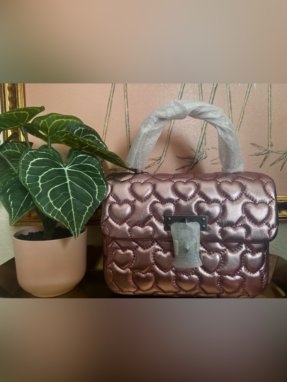 Kurt Geiger London Kensington Metallic Pink Heart Quilt Top Handle Crossbody Bag